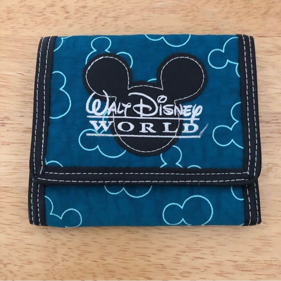 WDW wallet fabric billfold Disney blue nylon trifold change pocket card holder - Picture 1 of 10